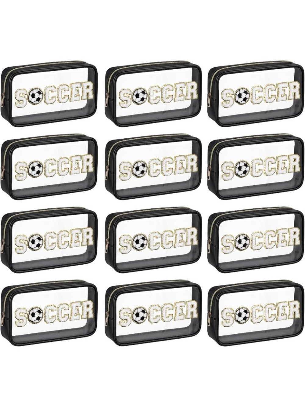 12 Pcs Clear Makeup Bags with Chenille Patches | Soccer Theme, Black Set